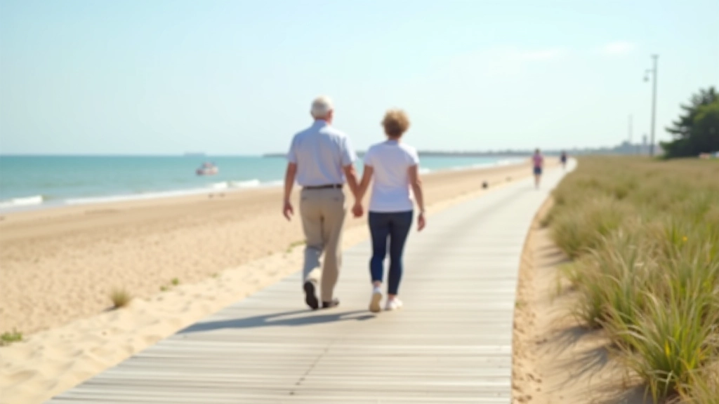 Seniori pastaigājas pa piejūras promenādi, baismīga diena, jūra fonā